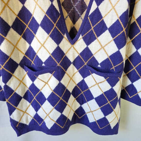 Dana Buchman Purple/Cream/Gold Wool Argyle V-neck Sweater Medium - Picture 6 of 9